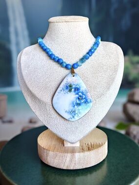 One-of-a-kind Hand painted Floral Ceramic Pendant/ Agate stone beads necklace